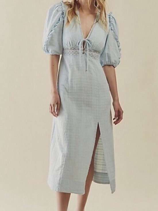 Free People Dresses & Skirts - Free People Slow Pace Midi Dress Blue Boho Tie Front Puff Sleeve Size Medium